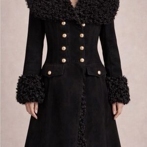 Burberry Black Shearling Trench with Gold Buttons